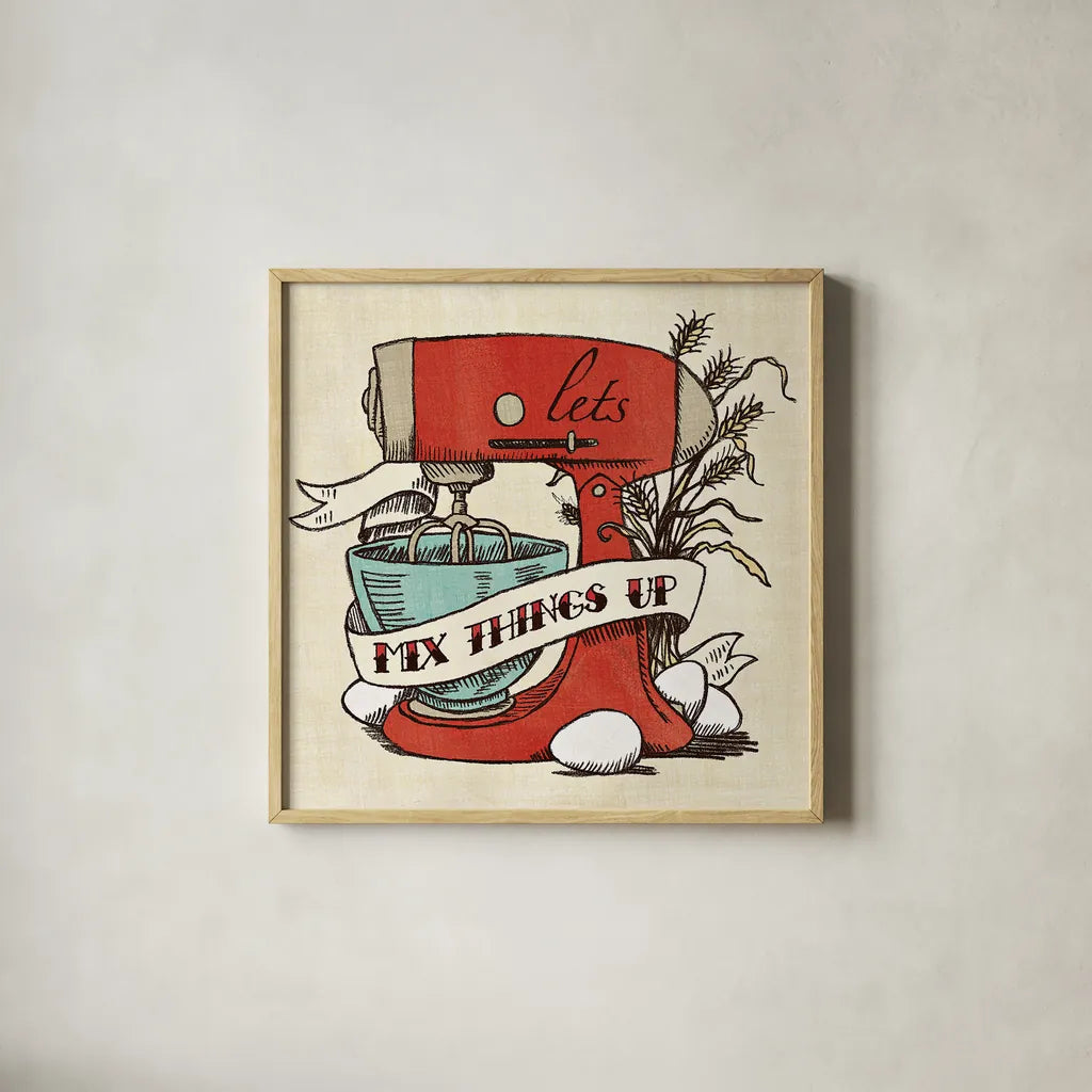 Retro Bakery Blue II by Mary Urban. Shown in a natural wood glass frame for a timeless modern aesthetic. Available as an archival giclee rolled canvas, fine art paper, or poster print. SKU 17925a.