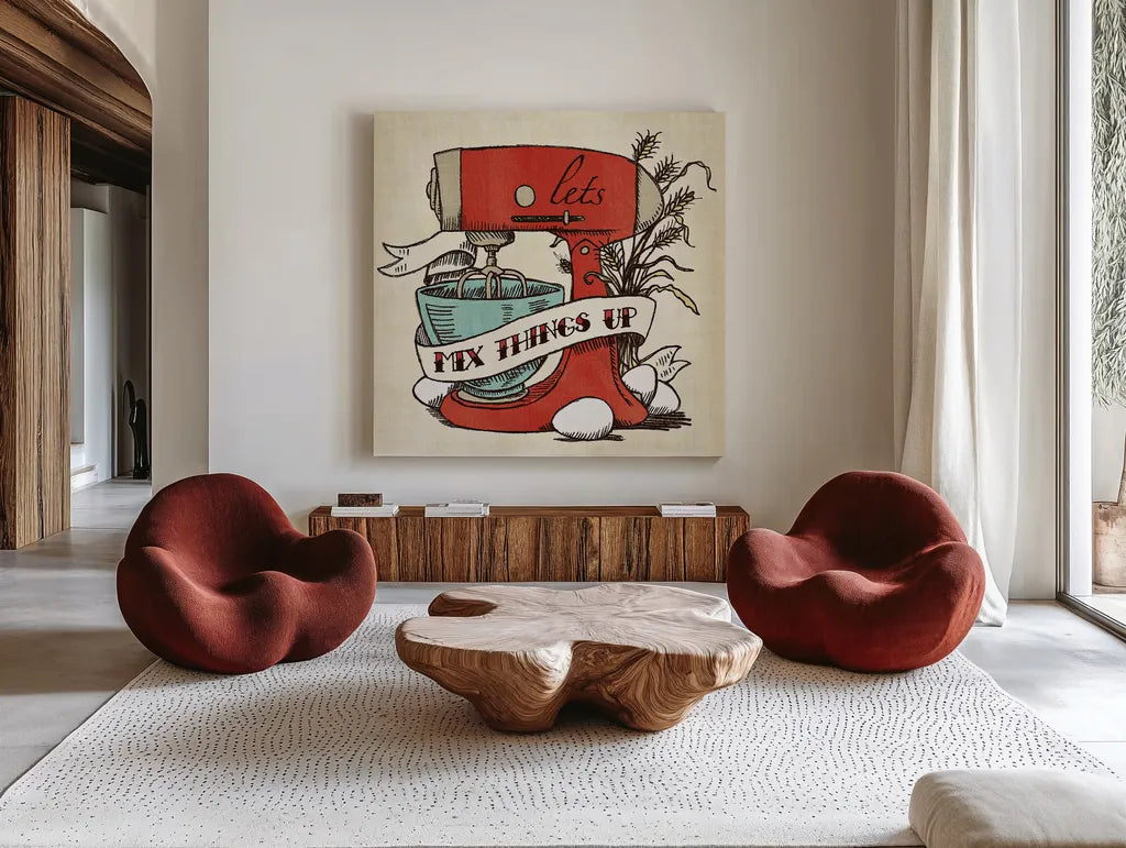 Retro Bakery Blue II by Mary Urban. Shown as extra-large giant wall art in a modern living room. Available as an archival giclee rolled canvas, fine art paper, or poster print. SKU 17925a.