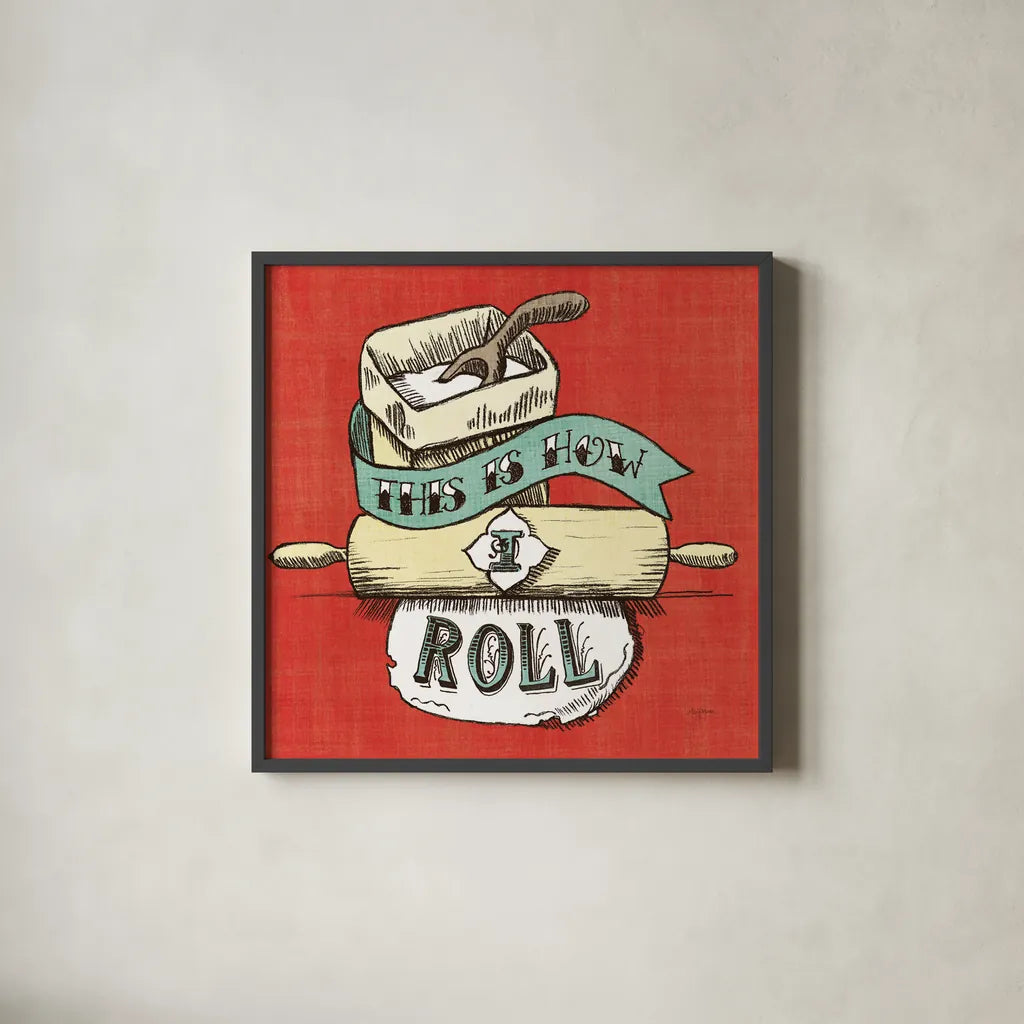 Retro Bakery Blue III by Mary Urban. Shown in a sleek black glass frame for a contemporary gallery look. Available as an archival giclee rolled canvas, fine art paper, or poster print. SKU 38651a.