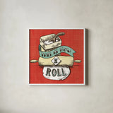 Retro Bakery Blue III by Mary Urban. Shown in a crisp white glass frame for a clean and minimalist style. Available as an archival giclee rolled canvas, fine art paper, or poster print. SKU 38651a.