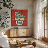 Retro Bakery Blue III by Mary Urban. Shown in a natural wood frame in a cozy modern living room. Available as an archival giclee rolled canvas, fine art paper, or poster print. SKU 38651a.