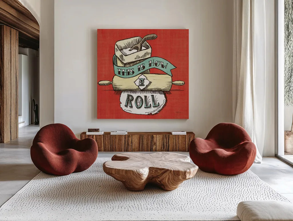 Retro Bakery Blue III by Mary Urban. Shown as extra-large giant wall art in a modern living room. Available as an archival giclee rolled canvas, fine art paper, or poster print. SKU 38651a.