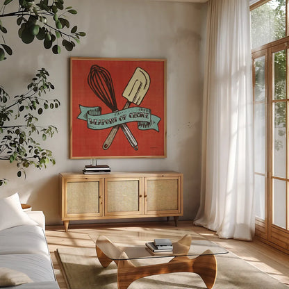 Retro Bakery Blue IV by Mary Urban. Shown in a natural wood frame in a cozy modern living room. Available as an archival giclee rolled canvas, fine art paper, or poster print. SKU 16017a.