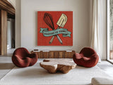 Retro Bakery Blue IV by Mary Urban. Shown as extra-large giant wall art in a modern living room. Available as an archival giclee rolled canvas, fine art paper, or poster print. SKU 16017a.