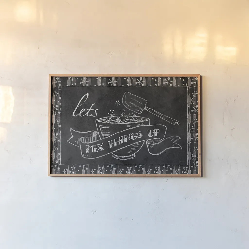 Retro Bakery Chalk - Lets Mix Things Up by Mary Urban. shown as a paper print in a natural frame. Available as a archival giclee rolled canvas, fine art paper, or poster print. SKU 39125i.