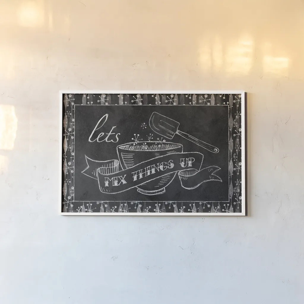 Retro Bakery Chalk - Lets Mix Things Up by Mary Urban. shown as a paper print in a white frame. Available as a archival giclee rolled canvas, fine art paper, or poster print. SKU 39125i.