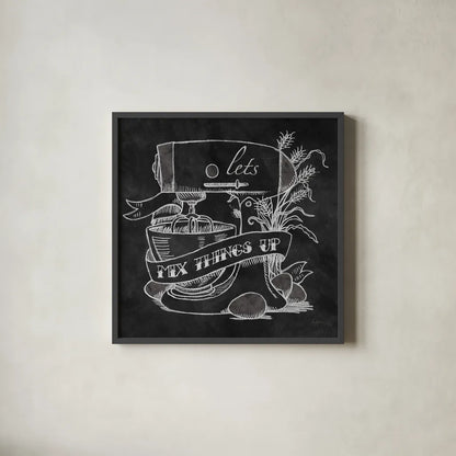 Retro Bakery Chalk II by Mary Urban. Shown in a sleek black glass frame for a contemporary gallery look. Available as an archival giclee rolled canvas, fine art paper, or poster print. SKU 19850a.