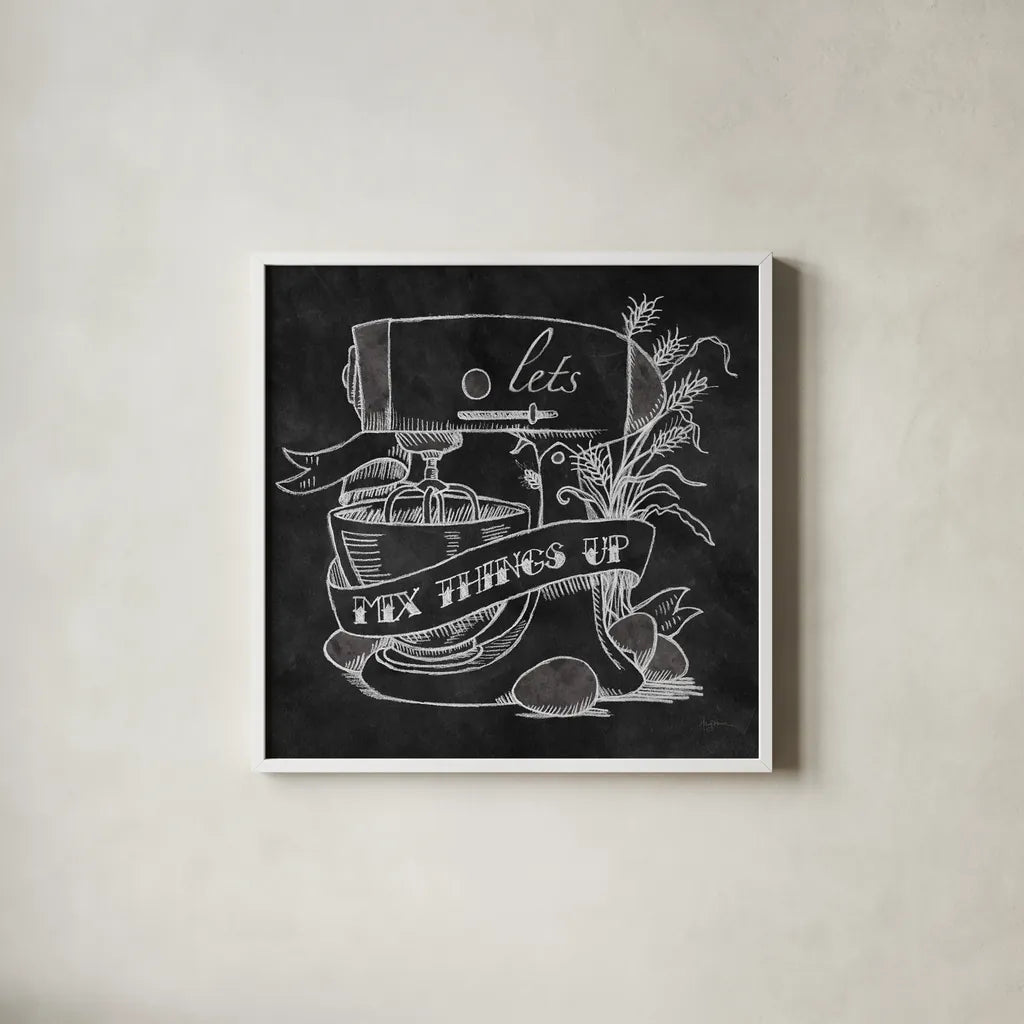 Retro Bakery Chalk II by Mary Urban. Shown in a crisp white glass frame for a clean and minimalist style. Available as an archival giclee rolled canvas, fine art paper, or poster print. SKU 19850a.