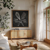 Retro Bakery Chalk IV by Mary Urban. Shown in a natural wood frame in a cozy modern living room. Available as an archival giclee rolled canvas, fine art paper, or poster print. SKU 19852a.