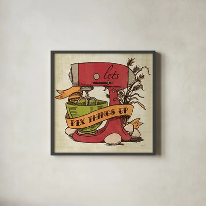 Retro Bakery Color II by Mary Urban. Shown in a sleek black glass frame for a contemporary gallery look. Available as an archival giclee rolled canvas, fine art paper, or poster print. SKU 15993a.