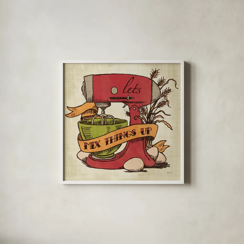 Retro Bakery Color II by Mary Urban. Shown in a crisp white glass frame for a clean and minimalist style. Available as an archival giclee rolled canvas, fine art paper, or poster print. SKU 15993a.