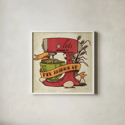 Retro Bakery Color II by Mary Urban. Shown in a crisp white glass frame for a clean and minimalist style. Available as an archival giclee rolled canvas, fine art paper, or poster print. SKU 15993a.