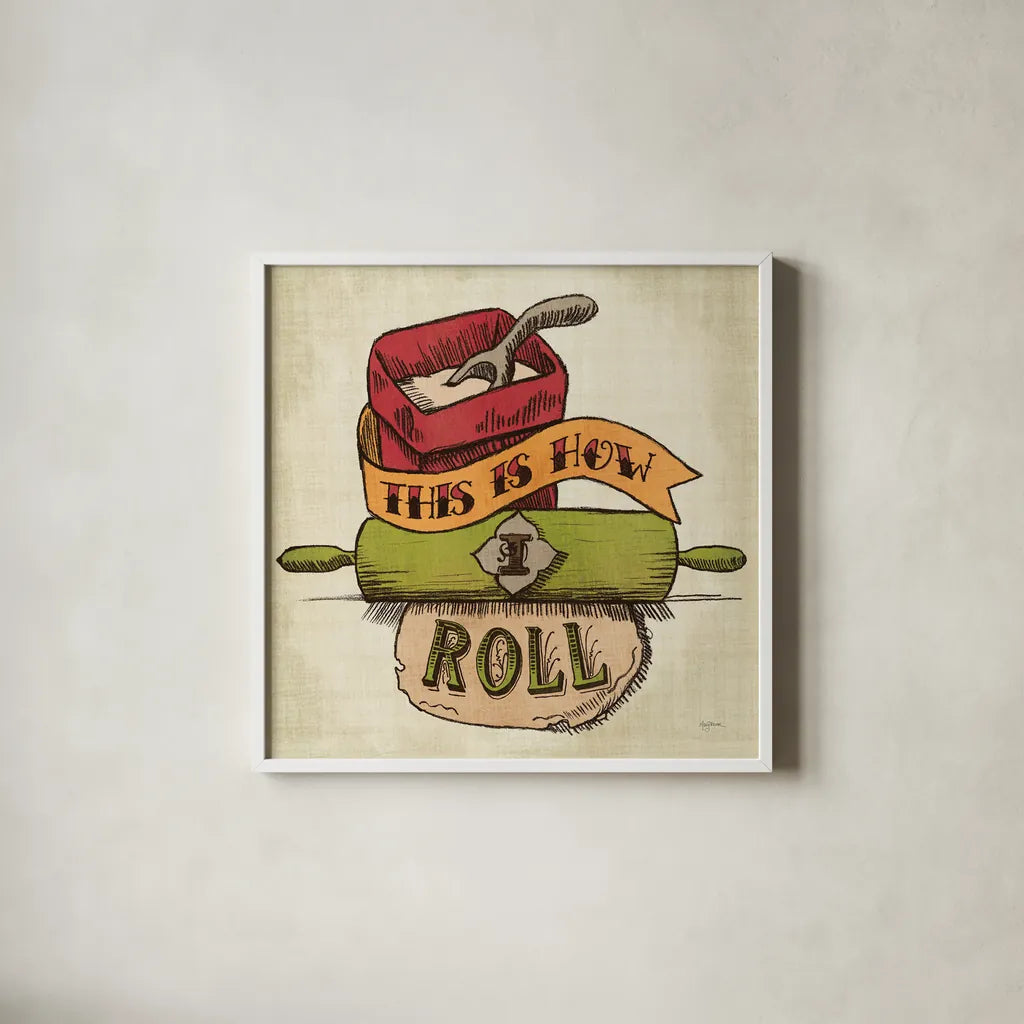 Retro Bakery Color III by Mary Urban. Shown in a crisp white glass frame for a clean and minimalist style. Available as an archival giclee rolled canvas, fine art paper, or poster print. SKU 16016a.