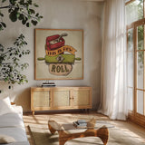 Retro Bakery Color III by Mary Urban. Shown in a natural wood frame in a cozy modern living room. Available as an archival giclee rolled canvas, fine art paper, or poster print. SKU 16016a.