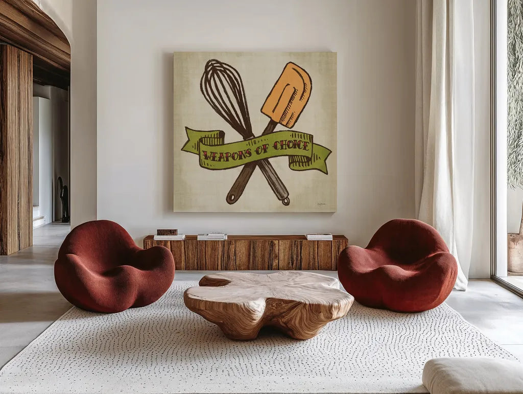 Retro Bakery Color IV by Mary Urban. Shown as extra-large giant wall art in a modern living room. Available as an archival giclee rolled canvas, fine art paper, or poster print. SKU 15994a.