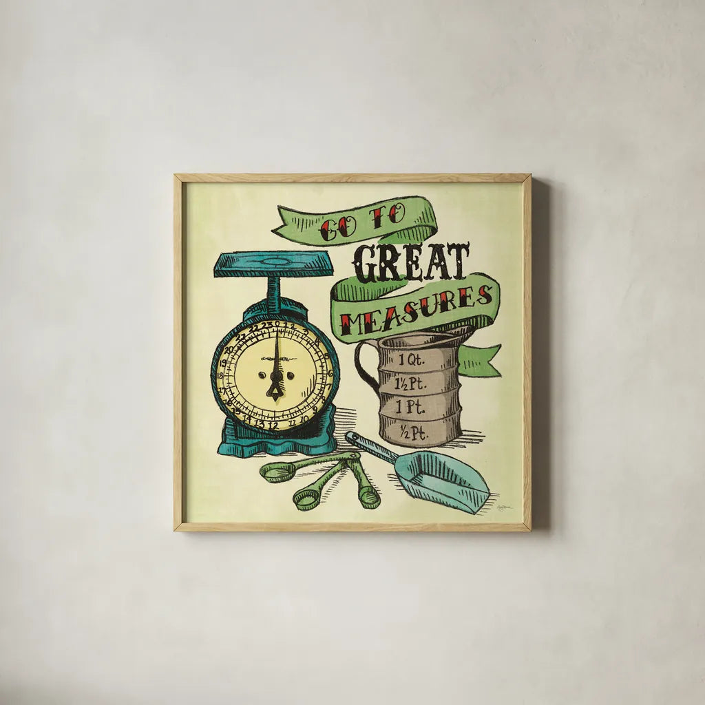 Retro Bakery Green I by Mary Urban. Shown in a natural wood glass frame for a timeless modern aesthetic. Available as an archival giclee rolled canvas, fine art paper, or poster print. SKU 19192a.