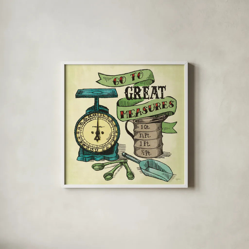 Retro Bakery Green I by Mary Urban. Shown in a crisp white glass frame for a clean and minimalist style. Available as an archival giclee rolled canvas, fine art paper, or poster print. SKU 19192a.