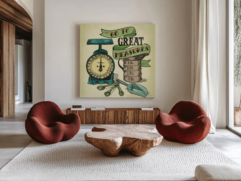 Retro Bakery Green I by Mary Urban. Shown as extra-large giant wall art in a modern living room. Available as an archival giclee rolled canvas, fine art paper, or poster print. SKU 19192a.