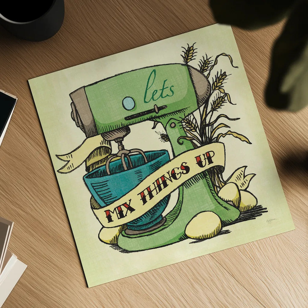 Retro Bakery Green II by Mary Urban. Shown as a detailed flat fine art print, highlighting archival giclee quality. Available as an archival giclee rolled canvas, fine art paper, or poster print. SKU 19193a.