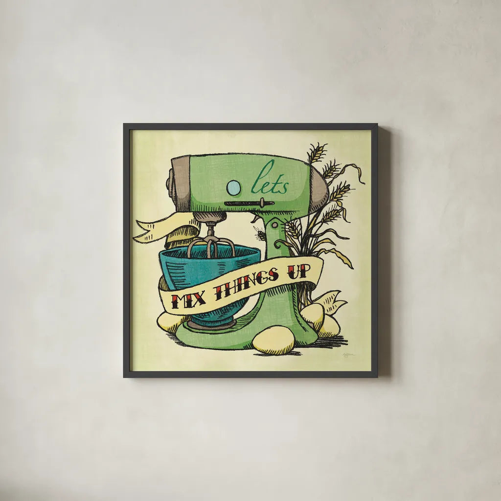 Retro Bakery Green II by Mary Urban. Shown in a sleek black glass frame for a contemporary gallery look. Available as an archival giclee rolled canvas, fine art paper, or poster print. SKU 19193a.