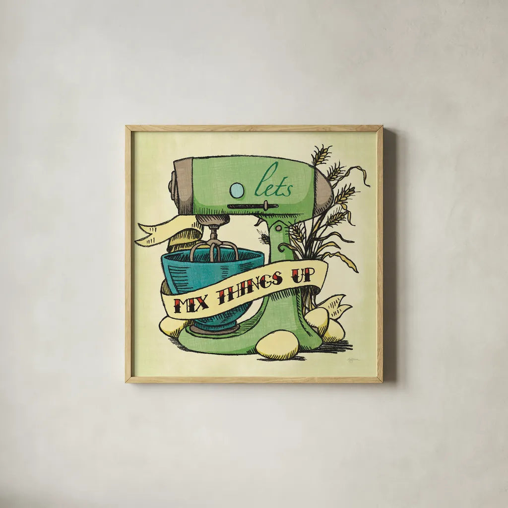 Retro Bakery Green II by Mary Urban. Shown in a natural wood glass frame for a timeless modern aesthetic. Available as an archival giclee rolled canvas, fine art paper, or poster print. SKU 19193a.