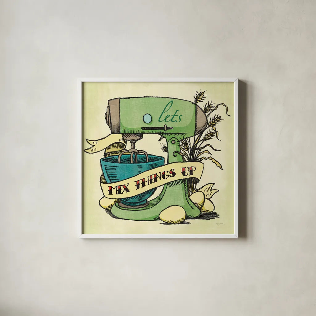 Retro Bakery Green II by Mary Urban. Shown in a crisp white glass frame for a clean and minimalist style. Available as an archival giclee rolled canvas, fine art paper, or poster print. SKU 19193a.