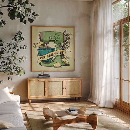 Retro Bakery Green II by Mary Urban. Shown in a natural wood frame in a cozy modern living room. Available as an archival giclee rolled canvas, fine art paper, or poster print. SKU 19193a.