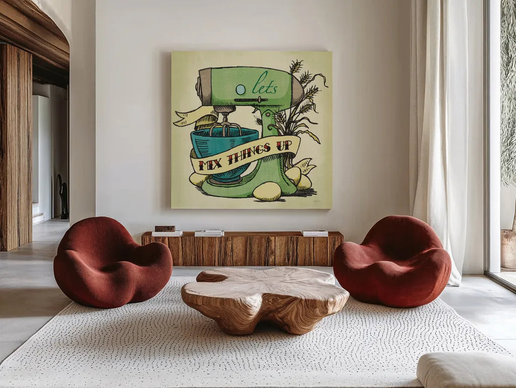 Retro Bakery Green II by Mary Urban. Shown as extra-large giant wall art in a modern living room. Available as an archival giclee rolled canvas, fine art paper, or poster print. SKU 19193a.