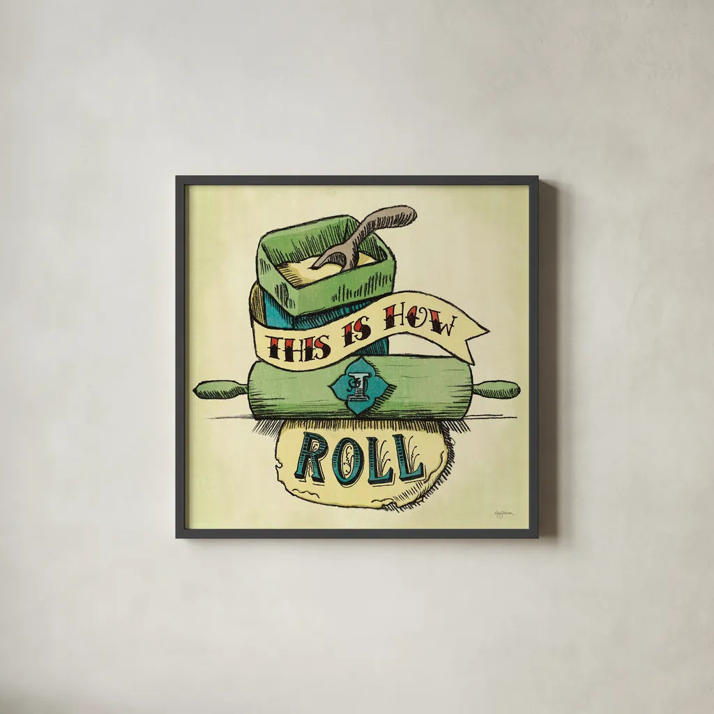 Retro Bakery Green III by Mary Urban. Shown in a sleek black glass frame for a contemporary gallery look. Available as an archival giclee rolled canvas, fine art paper, or poster print. SKU 19194a.
