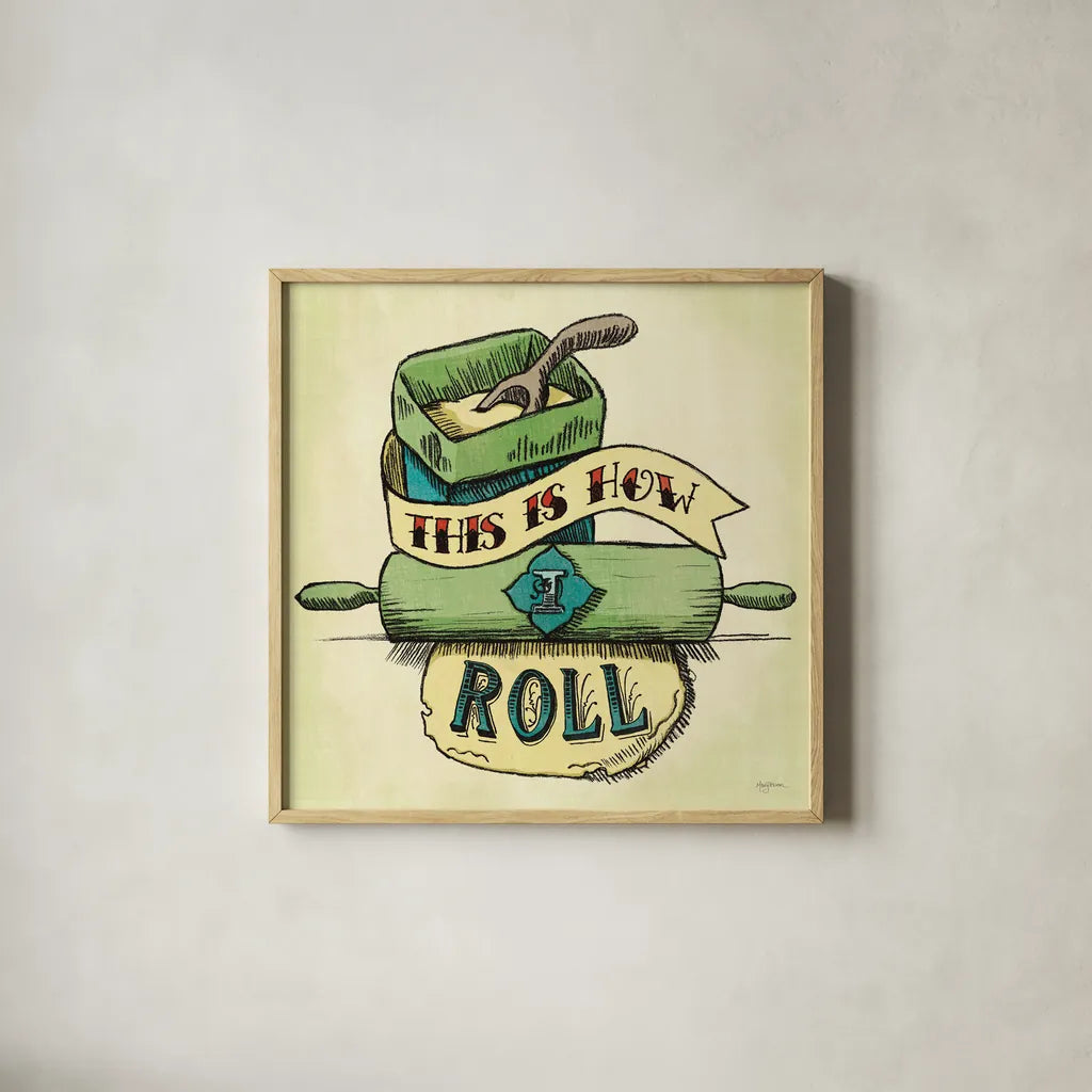 Retro Bakery Green III by Mary Urban. Shown in a natural wood glass frame for a timeless modern aesthetic. Available as an archival giclee rolled canvas, fine art paper, or poster print. SKU 19194a.