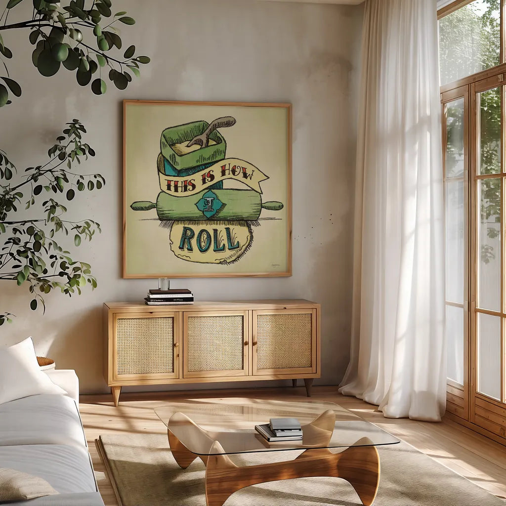 Retro Bakery Green III by Mary Urban. Shown in a natural wood frame in a cozy modern living room. Available as an archival giclee rolled canvas, fine art paper, or poster print. SKU 19194a.