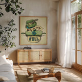 Retro Bakery Green III by Mary Urban. Shown in a natural wood frame in a cozy modern living room. Available as an archival giclee rolled canvas, fine art paper, or poster print. SKU 19194a.