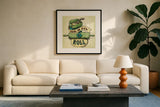 Retro Bakery Green III by Mary Urban. Displayed in a glass frame with matte in a clean modern living room. Available as an archival giclee rolled canvas, fine art paper, or poster print. SKU 19194a.