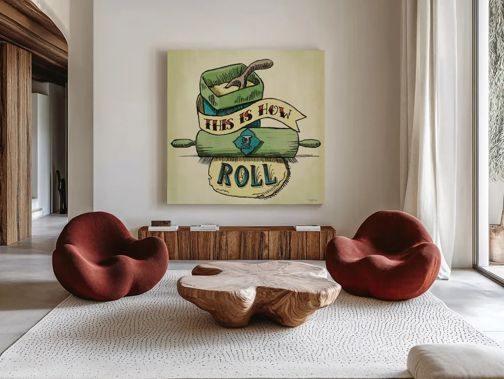 Retro Bakery Green III by Mary Urban. Shown as extra-large giant wall art in a modern living room. Available as an archival giclee rolled canvas, fine art paper, or poster print. SKU 19194a.