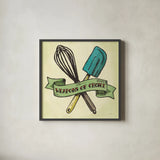 Retro Bakery Green IV by Mary Urban. Shown in a sleek black glass frame for a contemporary gallery look. Available as an archival giclee rolled canvas, fine art paper, or poster print. SKU 19195a.