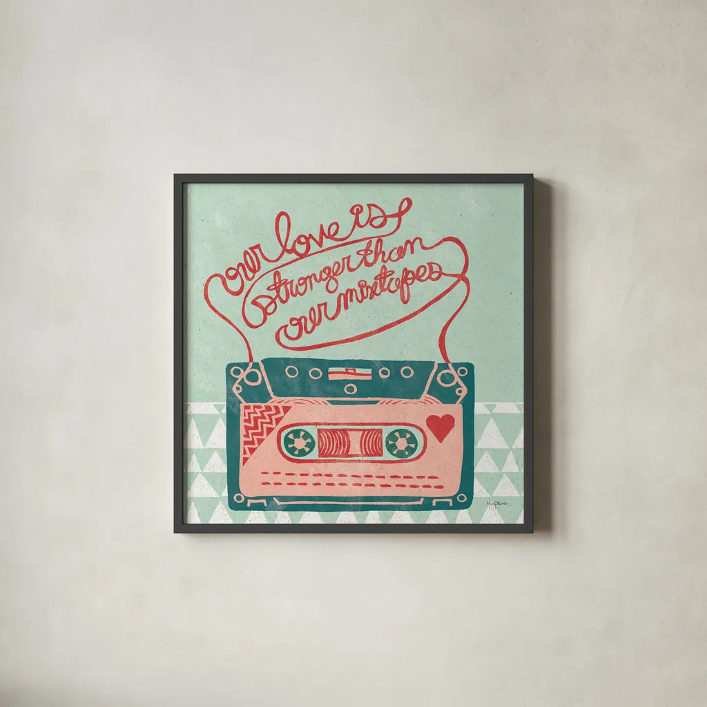 Retro Cassette by Mary Urban. Shown in a sleek black glass frame for a contemporary gallery look. Available as an archival giclee rolled canvas, fine art paper, or poster print. SKU 20906a.