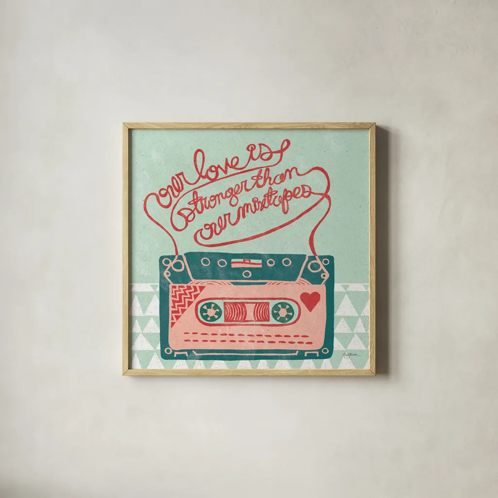 Retro Cassette by Mary Urban. Shown in a natural wood glass frame for a timeless modern aesthetic. Available as an archival giclee rolled canvas, fine art paper, or poster print. SKU 20906a.