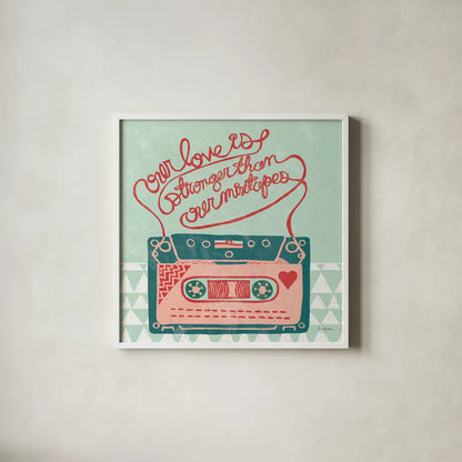 Retro Cassette by Mary Urban. Shown in a crisp white glass frame for a clean and minimalist style. Available as an archival giclee rolled canvas, fine art paper, or poster print. SKU 20906a.