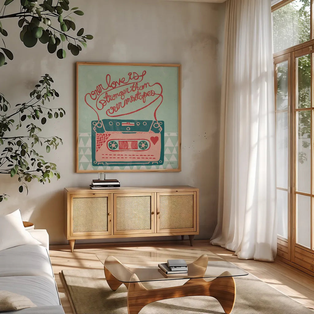 Retro Cassette by Mary Urban. Shown in a natural wood frame in a cozy modern living room. Available as an archival giclee rolled canvas, fine art paper, or poster print. SKU 20906a.