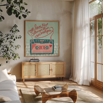 Retro Cassette by Mary Urban. Shown in a natural wood frame in a cozy modern living room. Available as an archival giclee rolled canvas, fine art paper, or poster print. SKU 20906a.