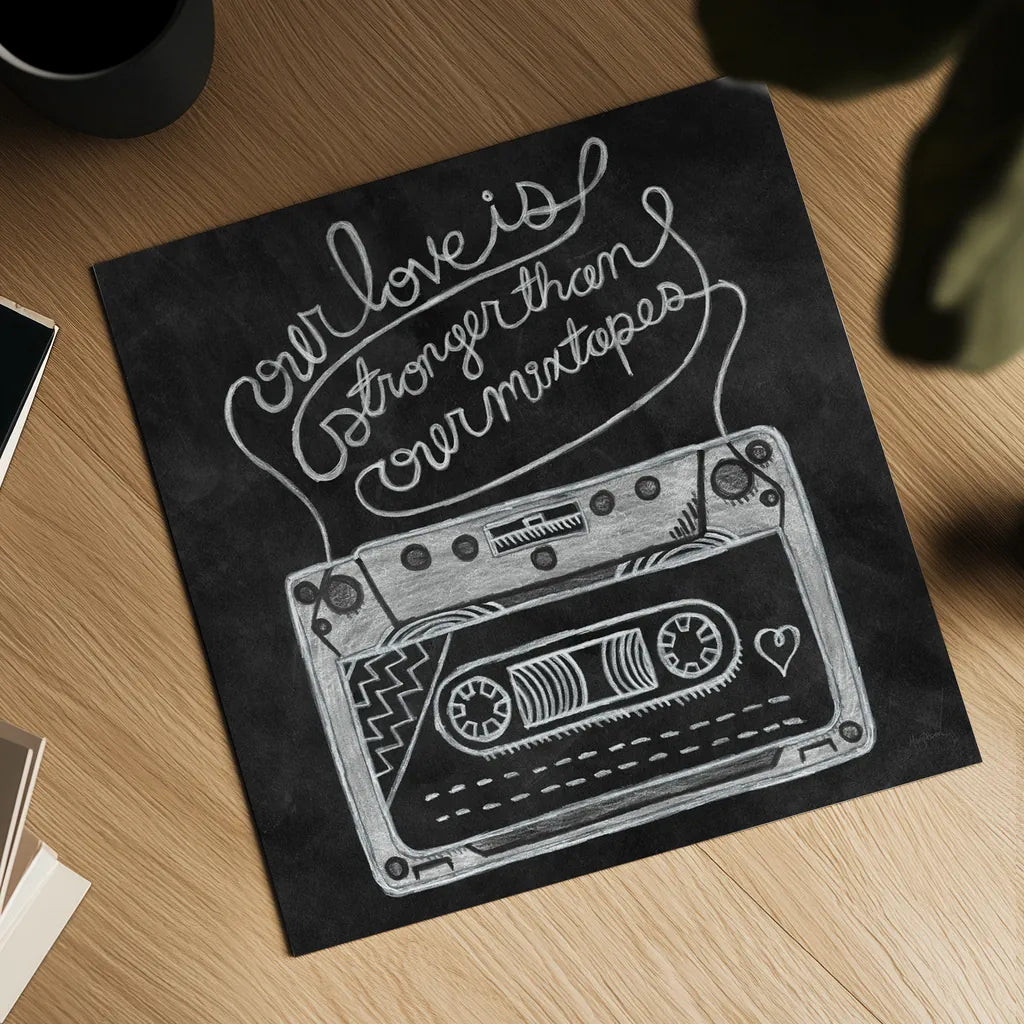 Retro Cassette Chalk by Mary Urban. Shown as a detailed flat fine art print, highlighting archival giclee quality. Available as an archival giclee rolled canvas, fine art paper, or poster print. SKU 30509a.