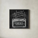 Retro Cassette Chalk by Mary Urban. Shown in a sleek black glass frame for a contemporary gallery look. Available as an archival giclee rolled canvas, fine art paper, or poster print. SKU 30509a.