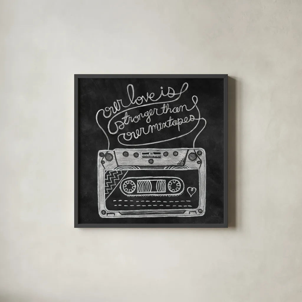 Retro Cassette Chalk by Mary Urban. Shown in a sleek black glass frame for a contemporary gallery look. Available as an archival giclee rolled canvas, fine art paper, or poster print. SKU 30509a.