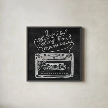 Retro Cassette Chalk by Mary Urban. Shown in a sleek black glass frame for a contemporary gallery look. Available as an archival giclee rolled canvas, fine art paper, or poster print. SKU 30509a.