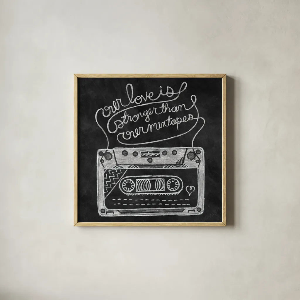 Retro Cassette Chalk by Mary Urban. Shown in a natural wood glass frame for a timeless modern aesthetic. Available as an archival giclee rolled canvas, fine art paper, or poster print. SKU 30509a.