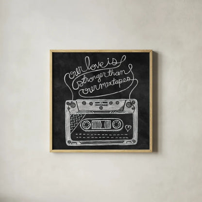 Retro Cassette Chalk by Mary Urban. Shown in a natural wood glass frame for a timeless modern aesthetic. Available as an archival giclee rolled canvas, fine art paper, or poster print. SKU 30509a.