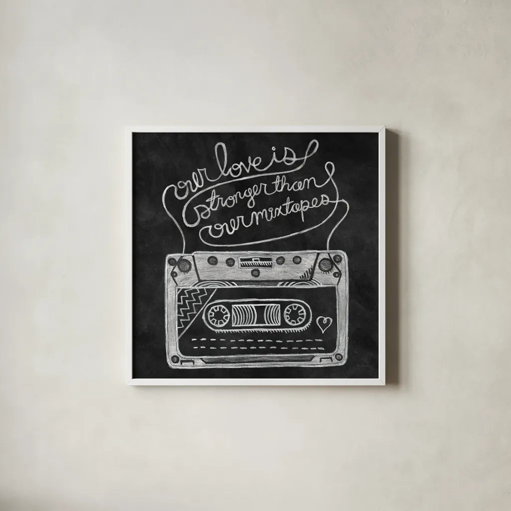Retro Cassette Chalk by Mary Urban. Shown in a crisp white glass frame for a clean and minimalist style. Available as an archival giclee rolled canvas, fine art paper, or poster print. SKU 30509a.