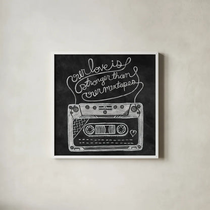 Retro Cassette Chalk by Mary Urban. Shown in a crisp white glass frame for a clean and minimalist style. Available as an archival giclee rolled canvas, fine art paper, or poster print. SKU 30509a.