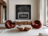 Retro Cassette Chalk by Mary Urban. Shown as extra-large giant wall art in a modern living room. Available as an archival giclee rolled canvas, fine art paper, or poster print. SKU 30509a.