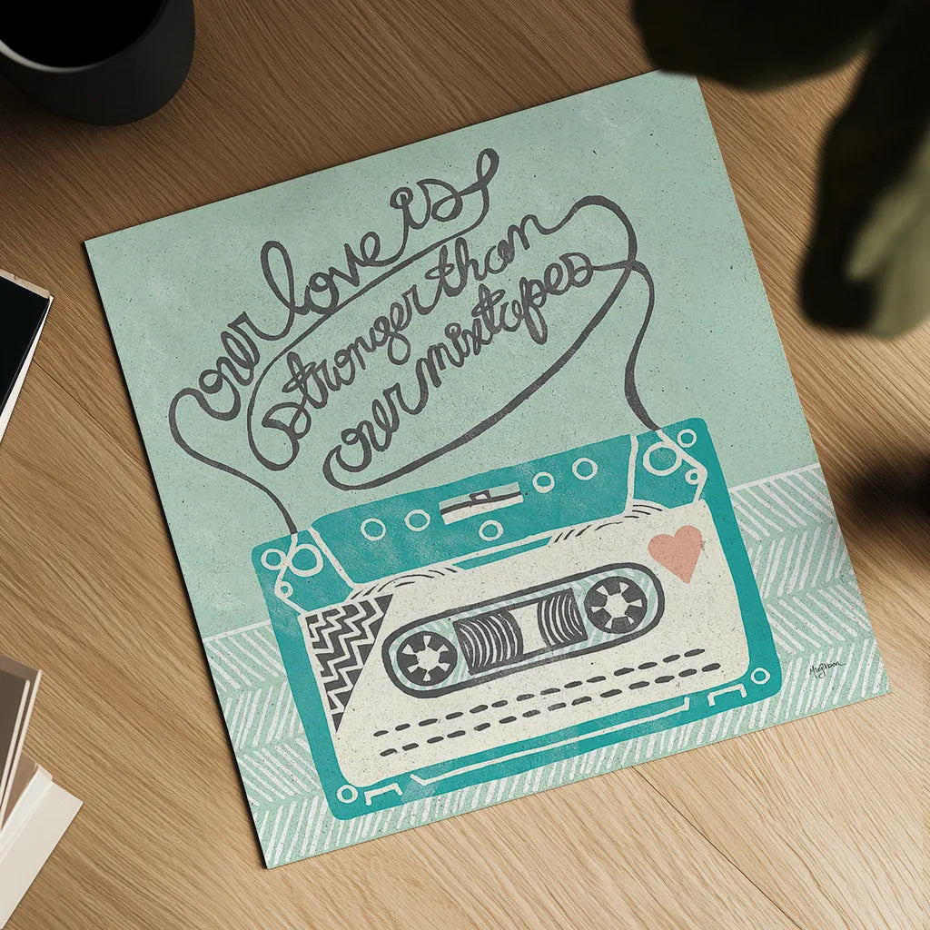 Retro Cassette Gray by Mary Urban. Shown as a detailed flat fine art print, highlighting archival giclee quality. Available as an archival giclee rolled canvas, fine art paper, or poster print. SKU 20848a.